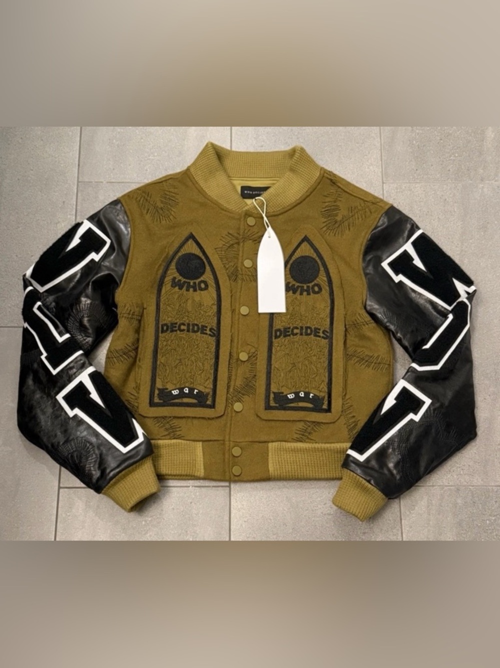 Who Decides War Namesake Varsity Jacket Men's Medium Olive Green Buttoned Front